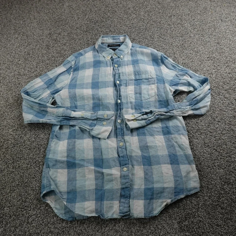 Banana Republic Shirt Mens M Blue Check Linen Chambray Button Up Long Sleeve Top